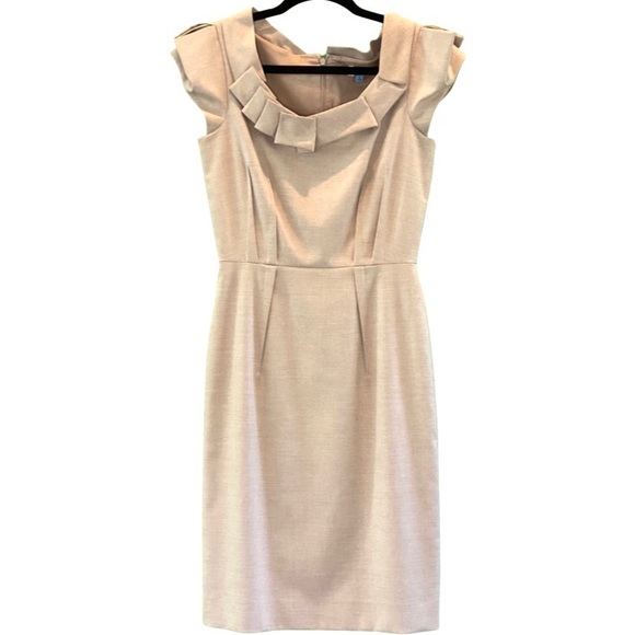 Antonio Melani Puffy Cap Sleeve Pleated Accent Round Neck Tan Woven Dress Size 2 - Picture 4 of 6